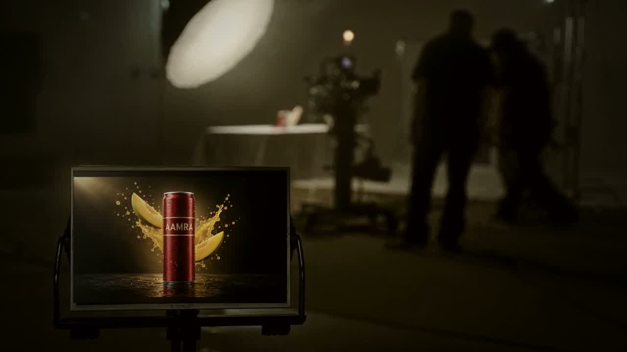 A still from the film: the invented Aamra soda ad on a monitor on a film set.